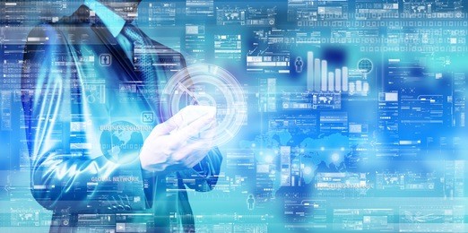 double exposure of businessman digital layer background