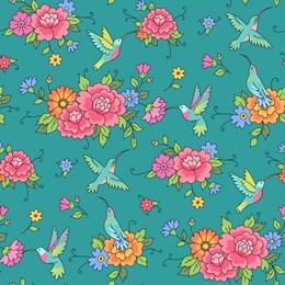floral seamless pattern. hummingbirds fly among the flowers on green background