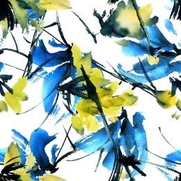 yellow and blue flowers. watercolor and ink illustration in style sumi-e, u-sin. oriental traditional painting.  seamless pattern.
