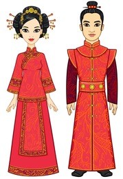 portrait of an animation chinese family in traditional clothes. full growth. isolated on a white background.