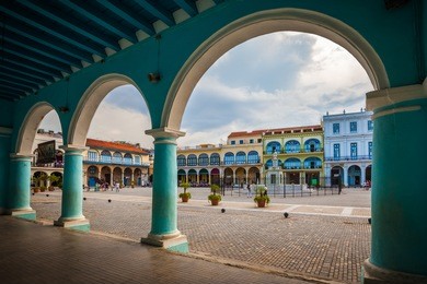 the old square or plaza vieja from the porch of the fototeca de cuba, old havana, cuba.