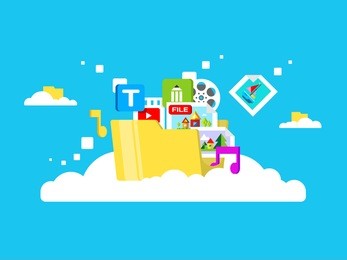 cloud storage, folder with files of different formats. document information, archive web, download and upload, flat vector illustration
