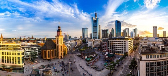 summer panorama of the financial district in frankfurt, germany in a summer day