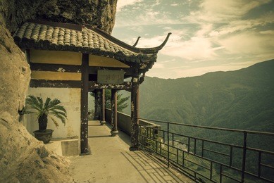 chinese temple in the cliff and mountain scenery (wenzhou yandang mountain in china.)