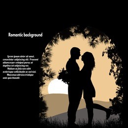 silhouettes of lovers under the arch on beautiful sunset with place with your text, vector illustration