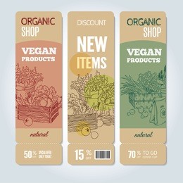 vector cardboard banners set. modern hand drawn design for sale and discount of vegetarian shop, web, site, advertising, poster and print. concept for natural organic products shop, flyer design.