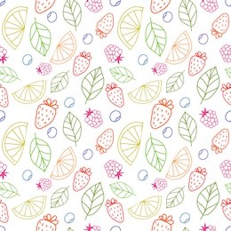 vector cute hand drawing fruits seamless pattern background. strawberry, lime, orange, blueberries, raspberries, mint fresh healthy food.