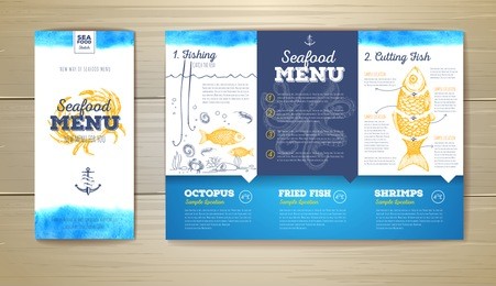 watercolor seafood menu design. corporate identity. document template