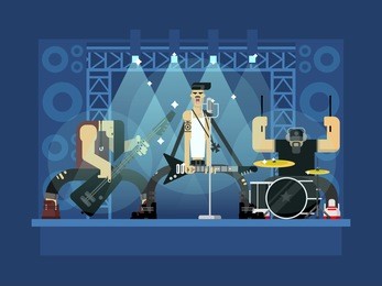 rock band concert, guitar and musician, musical instrument, sound and performance, stage and guitarist, flat vector illustration