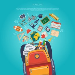 education concept with school backpack and flat learning symbols vector illustration
