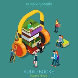 audio books flat 3d isometric electronic library concept. micro people on pile of books listening to the huge headphones. creative people collection.