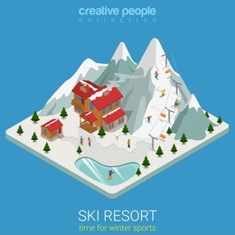 flat 3d isometric style ski resort winter mountain sports travel concept web infographics vector illustration. piece hilly land snowboard track ice lake. creative people website conceptual collection.