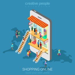 mobile shopping e-commerce online store flat 3d web isometric infographic concept vector and electronic business, sales, black friday. people walk on floors in stores boutiques like inside smartphone.