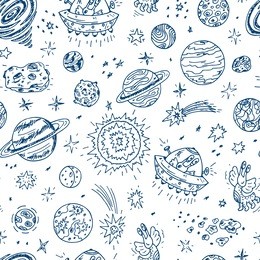 space. vector seamless pattern. hand drawn space doodle: planets and stars, ufo and funny aliens 