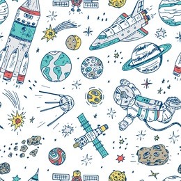 space. vector seamless pattern. hand drawn space doodle: planets and stars, astronaut, space ships and satellites