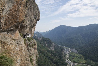chinese temple in the cliff and mountain scenery (wenzhou yandang mountain in china.)