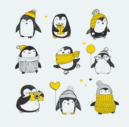 cute hand drawn, vector penguins set - merry christmas greetings