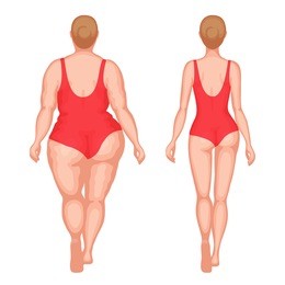 fat woman and slender woman dressed in red swimsuits. back view. overweight and slenderness. healthy and unhealthy lifestyle