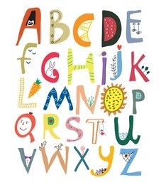 funny alphabet for kids with faces, vegetables, flowers and animals - vector illustration