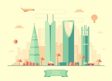 riyadh skyline architecture, vector illustration with plane, cars and air balloon, flat design