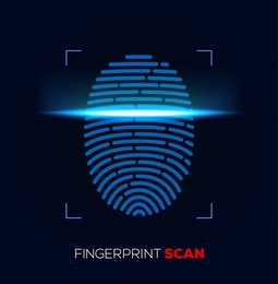 finger-print scanning identification system. biometric authorization and business security concept. vector illustration.
