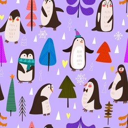 christmas and new year cartoon seamless pattern  little cute penguins and christmas trees - stock vector