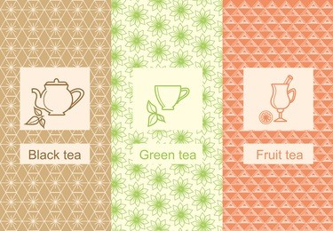set of design elements ornamental and icons in trendy linear style for tea package fruit,black and green tea. vector illustration