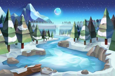 winter forest, vector background low poly style