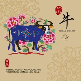 12 chinese zodiac signs of ox with chinese calligraphy text and the translation.
auspicious chinese seal (top) good luck and happiness to you and (bottom) ox.