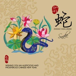 12 chinese zodiac signs of snake with chinese calligraphy text and the translation. auspicious chinese seal (top) good luck and happiness to you and (bottom) snake.