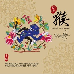 12 chinese zodiac signs of monkey with chinese calligraphy text and the translation. auspicious chinese seal (top) good luck and happiness to you and (bottom) monkey.