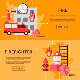 firefighter and icons. fire truck on fire. flat style vector illustration
