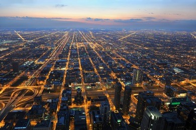 view of city of chicago from the air toward the west
