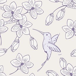 hand drawn seamless pattern with humming bird colibri and flowers. doodle style floral vector illustration with hummingbird