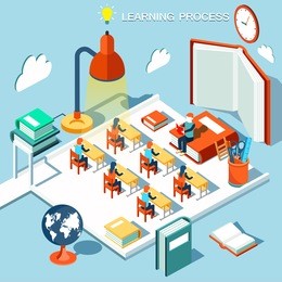 the concept of learning, read books in the library, classroom isometric flat design illustration