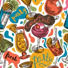 seamless pattern with vintage cocktails and hand drawn lettering. cocktail party. retro colorful vector illustration.