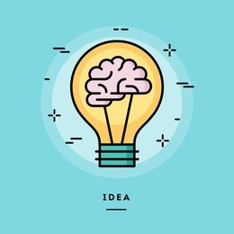 brain in the light bulb as a metaphor for idea, line flat design banner, vector illustration 