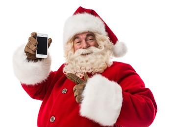 santa claus using smartphone - calling phone or texting a message closeup portrait