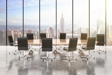 conference room with round table, chairs, concrete floor, windows in floor and city view 3d render