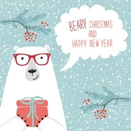 cute hand drawn polar bear  with speech bubble and hand written text beary christmas and happy new year on snowy background