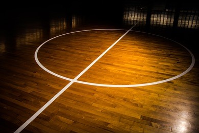wooden floor basketball court with light effect 