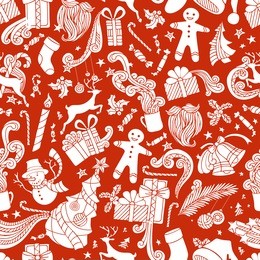 boundless red and white cartoon christmas background. seamless pattern of christmas silhouettes. christmas tree and baubles, santa sock, hat, beard, mistletoe, gifts, snowman, gingerbread man, deer.