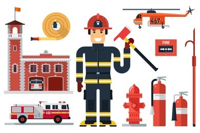 vector illustration of firefighting character, fire helicopter, hose, fire station, fire engine, fire  alarm, extinguisher, axe,  hook and hydrant. flat style. elements for infographic. 