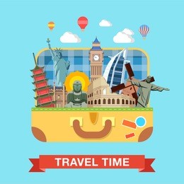 flat style open suitcase with famous sights of the world travel tourism concept infographics vector illustration. rome coliseums christ statue rio london big ben liberty statue buddha beijing emperor.