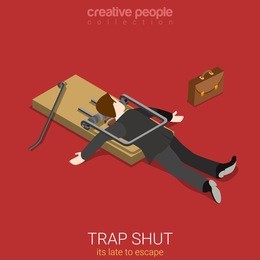 flat 3d isometric style business lifestyle fall into trap concept web infographics vector illustration. isometric businessman shut in trap lake to escape. creative people collection.