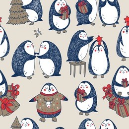vector christmas seamless pattern with cute hand drawn penguins 