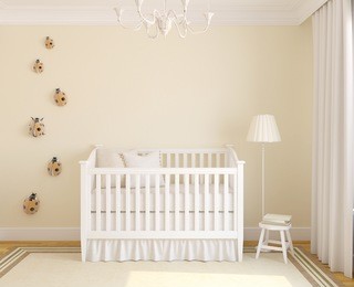 iinterior of nursery with crib. frontal view. 3d render.