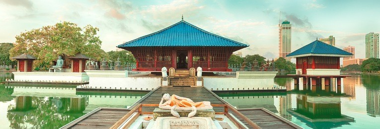seema malaka temple on beira lake. colombo, sri lanka. panorama