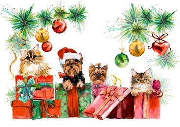 dogs and cats. new year card. hand drawn watercolor illustration