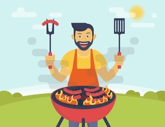 bbq party. flat illustration of smiling guy is cooking sausages barbecue outdoors. funny hipster wearing beard is cooking bbq for his friends